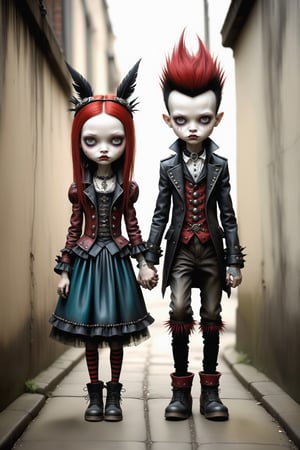 Cinematic scene - full body shot. in the style of Nicoletta Ceccoli, Mark Ryden and Esao Andrews. a detailed picture of a punk girl and boy holding hands in a london alleyway in elaborate high fashion punk outfits in the style Nicoletta Ceccoli, Mark Ryden and Esao Andrews. 