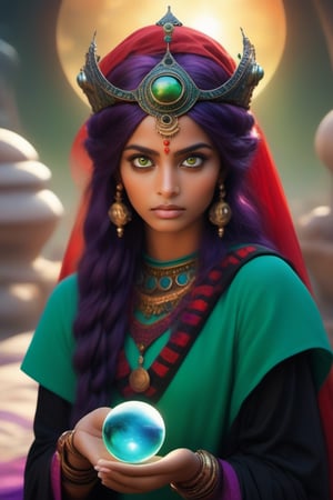 (masterpiece, best quality, ultra-detailed, best shadow), (detailed background,dark fantasy), (beautiful detailed face), high contrast, (best illumination, an extremely delicate and beautiful), ((cinematic light)), colorful, hyper detail, dramatic light, intricate details, Cute big headed large green eyed indian girl with red and black hair she wears a crown. She’s on an alien planet in her hand she holds a small glass circle with a small alien world. The world is floating between both hands. She is obviously an alien with tight fitting outfit, decorated heavily with vibrant golds, blacks, purples,