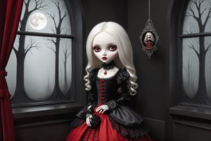 Cinematic scene - full body shot. in the style of Nicoletta Ceccoli, Mark Ryden and Esao Andrews. a gothic beautiful vampire girl with extremely long white hair, bright red eyes, gothic make-up wearing elaborate earrings, necklace, and elaborate victorian gothic lolita dress in colors of red, silver, black with a black ruffle lace victorian collar. black gloves. her elaborate coffin bed is next to her. there is a large window and the full moon and scary forest in the distance. minimalist style. a detailed elaborate gothic bedroom. in the style Nicoletta Ceccoli, Mark Ryden and Esao Andrews.  REALISTIC