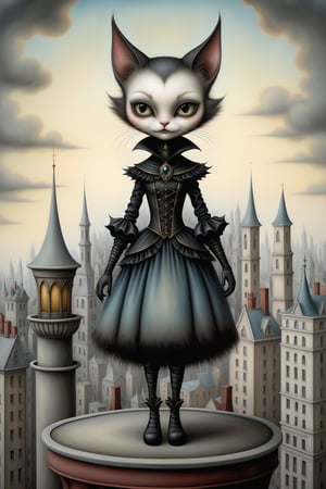 Cinematic scene - full body shot. in the style of Nicoletta Ceccoli, Mark Ryden and Esao Andrews. a detailed picture of a cat woman in elaborate high fashion outfit standing on the roof of a high rise building in a gothic city in the style of Nicoletta Ceccoli, Mark Ryden and Esao Andrews. 