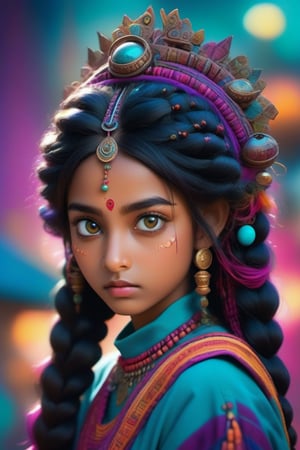 (masterpiece, best quality, ultra-detailed, best shadow), (detailed background,dark fantasy), (beautiful detailed face), high contrast, (best illumination, an extremely delicate and beautiful), ((cinematic light)), colorful, hyper detail, dramatic light, intricate details, Cute big headed large eyes indian 17 year old girl with vibrant hair in elaborate braids, buns and rich embellishments. she wears a crown. background of a very detailed and intricate alien planet. She is looking with curious expression at the camera. she is an attractive alien girl in a futuristic outfit, decorated heavily with vibrant colors,