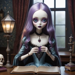 Cinematic shot of a beautiful young gothic lolita translucent ghost in the artistic style of Nicoletta Ceccoli, mark ryden and Esao Andrews. minimalist style. sweet smile. shiny long pastel multi-colored layered hair with pointy bangs. she has detailed vibrantpurple blue eyes. she has gothic dark make-up. she is sitting at her desk next to a crystal ball. it is night time, full moon outside of her window. her desk has a lit candelabra, ancient leather books, smakk skull, cat, old paintings on the walls. william morris gothic style wallpaper feeling of exquisite beauty, whimsical dreams and magic. extremely detailed, (((perfect female anatomy))). extremely detailed, in the style of esao andrews, full body shot. dynamic pose. (((manicured long painted fingernails))) (((perfect hands))) (((perfect fingers))).