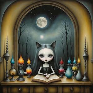Cinematic shot, long shot, a gothic small girl in her gothic room casting spells, in the style Nicoletta Ceccoli, Mark Ryden and Esao Andrews. minimalist style. a detailed elaborate gothic bedroom with gothic repeating pattern wallpaper,  creepy cat, monster ghost paintings, dolls, colorful potion bottles, magic circle on floor, ancient leather spellbooks, candelabra, skulls, witch brooms, healing crystals. creepy cat. night time. dark outside. full moon visible through large window. (((perfect female hands))) (((perfect fingers))) (((manicured painted long fingernails))), in the style of esao andrews, Nicoletta Ceccoli, REALISTIC