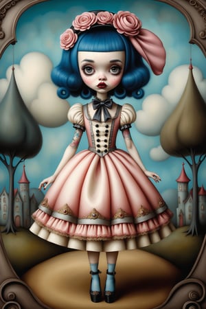 Cinematic scene - full body shot. in the style of Nicoletta Ceccoli, Mark Ryden and Esao Andrews. a detailed picture of singer Melanie Martinez in an elaborate high fashion outfit in the style Nicoletta Ceccoli, Mark Ryden and Esao Andrews. 