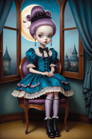 Cinematic full body shot of a beautiful young sweet gothic lolita woman in the artistic style of Nicoletta Ceccoli, Mark Ryden and Esao Andrews. minimalist style. sweet smile. bright blue eyes. shiny short straight layered copper hair with bangs. she is sitting in a large rococo cushioned chair next to her window looking through a telescope. it is night time, full moon dark sky outside of her window. she wears an elaborate sweet lolita dress in purple victorian floral patterns with lace and bows. patterned stockings, victorian button pointy boots. large long dangle elaborate earrings on both ears. feeling of exquisite beauty, whimsical dreams and magic. extremely detailed, (((perfect female anatomy))). extremely detailed, in the style of esao andrews, full body shot. head to toe shot. dynamic pose.