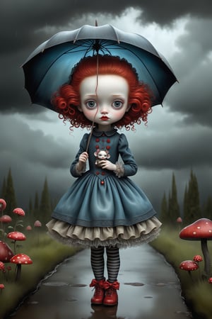 Cinematic scene - full body shot. in the style of Nicoletta Ceccoli, Mark Ryden and Esao Andrews. a picture of a girl walking in the rain with a extremely tiny toy umbrella. [umbrella] she has long vivid curly red hair. she is wearing an elaborate high fashion decorated rococo dress, stockings and shoes. there is lightning and dark storm clouds in the sky. she is in a beautiful flower garden. in the style Nicoletta Ceccoli, Mark Ryden and Esao Andrews. dynamic pose. remove umbrella.