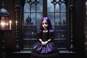 Cinematic scene - full body shot side view, a gothic small girl, vibrant purple long hair, bright purple eyes, elaborate earrings, necklace, wearing elaborate victorian gothic lolita dress in red black dark blue colors, black gloves. she is in her gothic room looking out her large window in the style Nicoletta Ceccoli, Mark Ryden and Esao Andrews. minimalist style. a detailed elaborate gothic bedroom. dark william morris style patterned wallpaper, creepy portraits on the walls, dolls, ancient leather spellbooks, lanterns, candles, skulls, witch brooms, ghosts. midnight. dark outside. full moon visible through large window. in the style of Esao Andrews, Nicoletta Ceccoli, REALISTIC