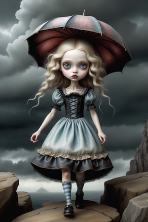 Cinematic scene - full body shot. in the style of Nicoletta Ceccoli, Mark Ryden and Esao Andrews. a picture of a pretty girl walking in a rain storm on a cliff above the ocean below. she has long blonde hair and fringe. she has gothic make-up on her eyes and face. she is wearing an elaborate high fashion decorated rococo dress, stockings and shoes. her hair and dress are soaking, dripping wet. raindrops are falling from the sky. there is lightning and dark storm clouds in the sky. (((she carries her closed parasol in her hand))). 