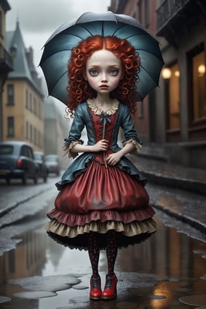 Cinematic scene - full body shot. in the style of Nicoletta Ceccoli, Mark Ryden and Esao Andrews. a picture of a pretty girl walking on a rainy cobblestone street. she has long vivid curly red hair. she is wearing an elaborate high fashion decorated rococo dress, stockings and shoes. her hair and dress are soaking, dripping wet.  raindrops are falling from the sky. there is lightning and dark storm clouds in the sky. (((she discarded her umbrella on the street behind her))). 
