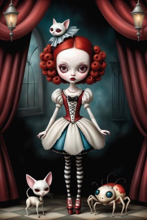 Cinematic scene - full body shot. in the style of Nicoletta Ceccoli, Mark Ryden and Esao Andrews. a detailed picture of operetta red hair rocabilly style clothes daughter of phantom of the opera from monster high with her pet spider longlegs in the style of Nicoletta Ceccoli, Mark Ryden and Esao Andrews. 