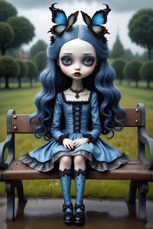 Cinematic scene - full body shot. in the style of Nicoletta Ceccoli, Mark Ryden and Esao Andrews. a picture of a pretty girl sitting on a park bench in the rain. she has long dark blue hair. she has gothic make-up on her eyes and face. she is wearing an elaborate high fashion decorated rococo dress, stockings and shoes. raindrops are falling from the sky. there is lightning and dark storm clouds in the sky. 