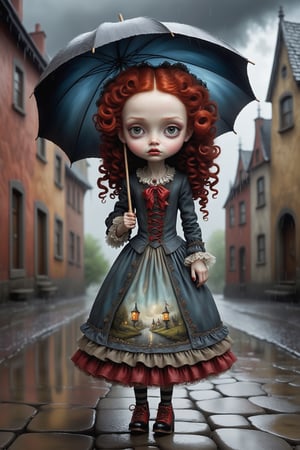 Cinematic scene - full body shot. in the style of Nicoletta Ceccoli, Mark Ryden and Esao Andrews. a picture of a pretty girl walking on a rainy cobblestone street. she has long vivid curly red hair. she is wearing an elaborate high fashion decorated rococo dress, stockings and shoes. her hair and dress are soaking, dripping wet.  raindrops are falling from the sky. there is lightning and dark storm clouds in the sky. (((her umbrella blew away high in the sky behind her))). 