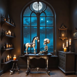 Cinematic shot, wide shot, a rocking skeleton horse elaborate paint in the style Nicoletta Ceccoli, Mark Ryden and Esao Andrews. minimalist style. in a gothic bedroom surrounded by gothic dolls, tarot cards, magical potions, old ancient leather, spellbooks, candles, skulls, witch brooms, healing crystals. night time, full moon can be seen through the large window.