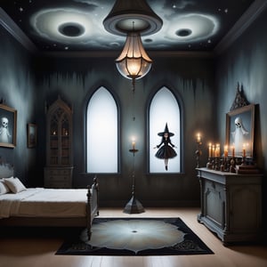 Cinematic shot, wide shot, a transparent ghost of a small girl floating above the floor in the style Nicoletta Ceccoli, Mark Ryden and Esao Andrews. minimalist style. in a detailed elaborate gothic bedroom with witch pattern wallpaper, creepy paintings on the walls, dolls, magical potions, old ancient leather spellbooks, candles, skulls, witch brooms, healing crystals. night time. full moon can be seen through the large window. 