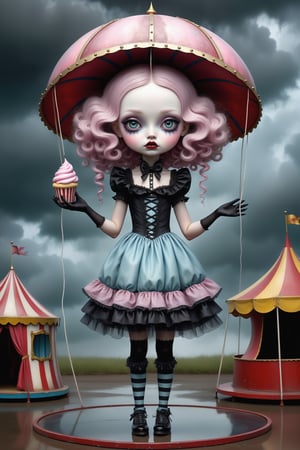 Cinematic scene - full body shot. in the style of Nicoletta Ceccoli, Mark Ryden and Esao Andrews. a picture of a pretty girl at a carnival circus in the pouring rain. she is standing under a circus tent holding cotton candy in her hand. she has long waist-length curly bright multi-colored pastel hair. she has gothic make-up on her eyes and face. she is wearing an elaborate high fashion gothic lolita, stockings and shoes. there is lightning and dark storm clouds in the sky above. (((perfect hands))) (((manicured fingernails))) ((((nail polish)))