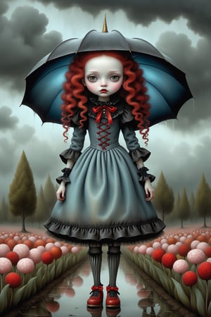 Cinematic scene - full body shot. in the style of Nicoletta Ceccoli, Mark Ryden and Esao Andrews. a picture of a girl walking in the rain. [umbrella] she has long vivid curly red hair. she is wearing an elaborate high fashion decorated rococo gothic dress, stockings and shoes. there is lightning and dark storm clouds in the sky. she is standing in a flower garden in a field. in the style Nicoletta Ceccoli, Mark Ryden and Esao Andrews. dynamic pose. remove umbrella.