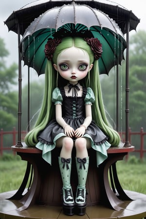 Cinematic scene - full body shot. in the style of Nicoletta Ceccoli, Mark Ryden and Esao Andrews. a picture of a pretty girl sitting under an elaborate gazebo in the pouring rain. rain is dripping and falling all around. she has long green  hair in elaborate braids and buns. she has gothic make-up on her eyes and face. she is wearing an elaborate high fashion gothic lolita, stockings and shoes. raindrops are falling from the sky. there is lightning and dark storm clouds in the sky. 