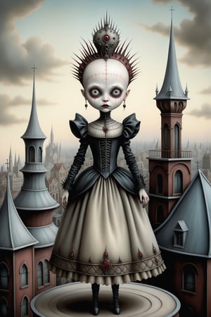 Cinematic scene - full body shot. in the style of Nicoletta Ceccoli, Mark Ryden and Esao Andrews. a detailed picture of a female cenobite with pinhead from hellraiser, in an elaborate high fashion outfit standing on the roof of a high rise building in a gothic city in the style of Nicoletta Ceccoli, Mark Ryden and Esao Andrews. 