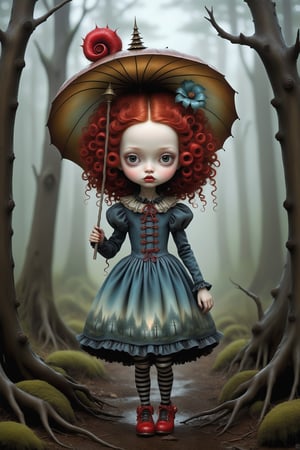 Cinematic scene - full body shot. in the style of Nicoletta Ceccoli, Mark Ryden and Esao Andrews. a picture of a pretty girl walking in a forest. she has long vivid curly red hair. she is wearing an elaborate high fashion decorated rococo dress, stockings and shoes. there is lightning and dark storm clouds in the sky. it is raining. she is wearing a hat with a little umbrella on it. in the style Nicoletta Ceccoli, Mark Ryden and Esao Andrews. dynamic pose. 