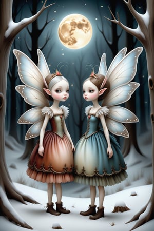 Cinematic scene - side view full body shot. in the style of Nicoletta Ceccoli, Mark Ryden and Esao Andrews. a detailed picture of cute fairy sisters with elaborate fairy costume and elaborate fairy wings flying in the snow in a snowy forest under a full moon in a magical forest at night.