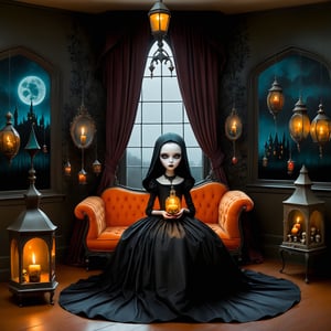Cinematic shot, long shot, a gothic small girl in her gothic room casting spells, in the style Nicoletta Ceccoli, Mark Ryden and Esao Andrews. minimalist style. a detailed elaborate gothic bedroom with william morris gothic scary wallpaper, velvet curtains, cluttered with creepy cat, monster ghost paintings, dolls, colorful potion bottles, magic circle on floor, ancient leather spellbooks, candelabra, skulls, witch brooms, healing crystals. creepy cat. night time. dark outside. full moon visible through large window. (((perfect female hands))) (((perfect fingers))) (((manicured painted long fingernails))), in the style of esao andrews, Nicoletta Ceccoli, REALISTIC