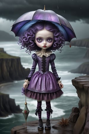Cinematic scene - full body shot. in the style of Nicoletta Ceccoli, Mark Ryden and Esao Andrews. a picture of a pretty girl walking in a rain storm on a cliff above the ocean below. she has long purple hair and bangs. she has gotic make-up on her eyes and face. she is wearing an elaborate high fashion decorated rococo dress, stockings and shoes. her hair and dress are soaking, dripping wet. raindrops are falling from the sky. there is lightning and dark storm clouds in the sky. (((she discarded her broken umbrella behind her))). 