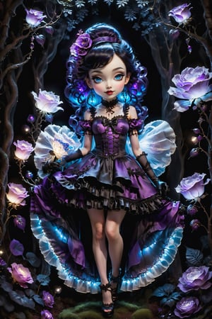 Cinematic full body shot of a beautiful young sweet gothic lolita woman in the artistic style of Nicoletta Ceccoli, Mark Ryden and Esao Andrews. minimalist style. sweet smile. bright blue eyes. long curly purple hair with bangs. she is standing in a magical forest with beautiful trees, illuminated flowers, ferns, glowing landscape lights. it is night time, full moon. dark sky outside of her window. she wears an elaborate gothic lolita dress in black, purple, white colors. gloves on her hands. elaborate large earrings, feeling of exquisite beauty, whimsical dreams and magic. extremely detailed, (((perfect female anatomy))). extremely detailed, in the style of esao andrews, full body shot. head to toe shot. dynamic pose.,zavy-hrglw