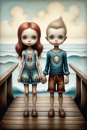Cinematic scene - full body shot.  in the style of Nicoletta Ceccoli, Mark Ryden and Esao Andrews. a detailed picture of a cute surfer girl and cute surfer boy standing on a wooden pier holding hands smiling near the ocean, ocean waves splashing, wearing bikini, swimming shorts, tank top, beach wear, in the style Nicoletta Ceccoli, Mark Ryden and Esao Andrews.