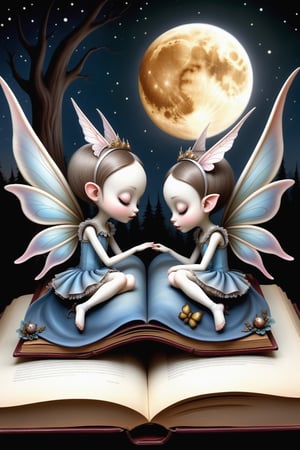 Cinematic scene - side view full body shot. in the style of Nicoletta Ceccoli, Mark Ryden and Esao Andrews. a detailed picture of cute fairy sisters with elaborate fairy costume and elaborate fairy wings sleeping. their eyes are closed. they are lying down on their side on a giant elaborate illustrated open book she is using as her bed under a full moon in a magical forest at night.