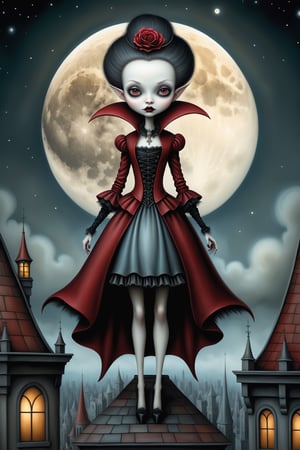 Cinematic scene - full body shot. in the style of Nicoletta Ceccoli, Mark Ryden and Esao Andrews. a detailed picture of a beautiful vampire woman in elaborate high fashion outfit standing on the roof of a high rise building in a gothic city at night under the full moon in the style of Nicoletta Ceccoli, Mark Ryden and Esao Andrews. 