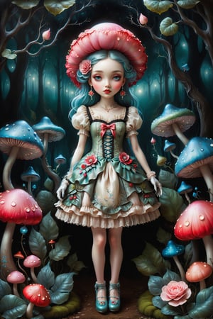 Cinematic full body shot of a beautiful young sweet gothic lolita woman in the artistic style of Nicoletta Ceccoli, Mark Ryden and Esao Andrews. minimalist style. sweet smile. bright blue eyes. long green hair. she is standing in a magical forest with beautiful trees, illuminated flowers, mushrooms, ferns, small glowing floating orbs in multiple colors. it is night time, full moon. dark sky outside of her window. she wears an elaborate gothic lolita dress in pink white red black colors. gloves on her hands. elaborate large earrings, feeling of exquisite beauty, whimsical dreams and magic. extremely detailed, (((perfect female anatomy))). extremely detailed, in the style of esao andrews, full body shot. head to toe shot. 