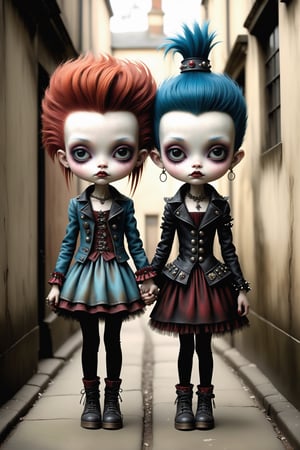 Cinematic scene - full body shot. in the style of Nicoletta Ceccoli, Mark Ryden and Esao Andrews. a detailed picture of a punk girl and girl holding hands in a london alleyway in elaborate high fashion punk outfits in the style Nicoletta Ceccoli, Mark Ryden and Esao Andrews. 