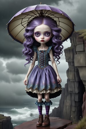 Cinematic scene - full body shot. in the style of Nicoletta Ceccoli, Mark Ryden and Esao Andrews. a picture of a pretty girl walking in a rain storm on a cliff above the ocean below. she has long purple hair and bangs. she has gotic make-up on her eyes and face. she is wearing an elaborate high fashion decorated rococo dress, stockings and shoes. her hair and dress are soaking, dripping wet. raindrops are falling from the sky. there is lightning and dark storm clouds in the sky. (((she carries her closed parasol in her hand))). 