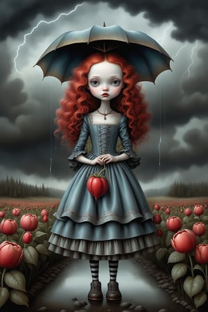 Cinematic scene - full body shot. in the style of Nicoletta Ceccoli, Mark Ryden and Esao Andrews. a detailed intricate masterpiece picture of a girl in the rain without an umbrella. she has long vivid curly red hair. she is wearing an elaborate high fashion decorated rococo gothic dress, stockings and shoes. there is lightning and dark storm clouds in the sky. she is standing in a flower garden in a field. in the style Nicoletta Ceccoli, Mark Ryden and Esao Andrews. dynamic pose. remove umbrella.