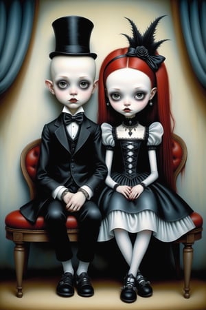 Cinematic scene - full body shot. in the style of Nicoletta Ceccoli, Mark Ryden and Esao Andrews. a detailed picture of a teen goth girl and teen goth boy sitting in a dark gothic club looking at each other in love, wearing elaborate high fashion gothic outfits, hot topic, gothic lolita, hair, jewelry, shoes, make-up.  in the style Nicoletta Ceccoli, Mark Ryden and Esao Andrews.
