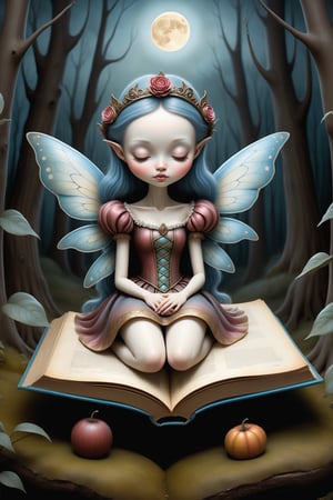 Cinematic scene - side view full body shot. in the style of Nicoletta Ceccoli, Mark Ryden and Esao Andrews. a detailed picture of a cute female fairy queen with elaborate fairy costume and elaborate fairy wings sleeping eyes closed lying down on her side on a giant elaborate illustrated open book under a full moon in a magical forest at night.