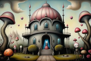 Cinematic scene - detailed, intricate strange garden observatory with alien, weird colorful plants in the style of Nicoletta Ceccoli, Mark Ryden and Esao Andrews. Nicoletta Ceccoli, Mark Ryden and Esao Andrews. 