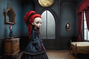 Cinematic scene - full body shot side view. in the style Nicoletta Ceccoli, Mark Ryden and Esao Andrews. a gothic  beautiful vampire girl with very long red curly hair, yellow eyes, wearing elaborate earrings, necklace, and elaborate victorian gothic lolita dress in colors dark blue, red black with elizabethan collar. black gloves. she is in her room standing next to her elaborate coffin. there is a large window and the full moon and scary forest in the distance. minimalist style. a detailed elaborate gothic bedroom. in the style Nicoletta Ceccoli, Mark Ryden and Esao Andrews.  REALISTIC