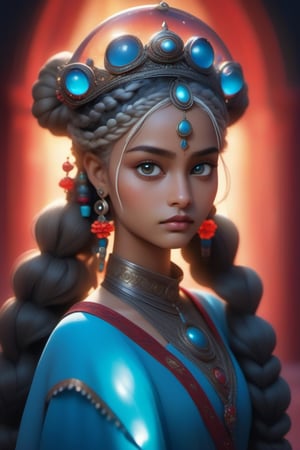 (masterpiece, best quality, ultra-detailed, best shadow), (detailed background,dark fantasy), (beautiful detailed face), high contrast, (best illumination, an extremely delicate and beautiful), ((cinematic light)), colorful, hyper detail, dramatic light, intricate details, Cute big headed large gray eyed indian girl with bleach blonde hair in elaborate braids and buns and adornments. she wears a crown. She’s on an alien planet. in her hand she holds a glowing glass circle with a small alien world visible inside. The world is floating in the glass circle. She is obviously an alien with tight fitting outfit, decorated heavily with vibrant royal blues, whites, silvers and reds