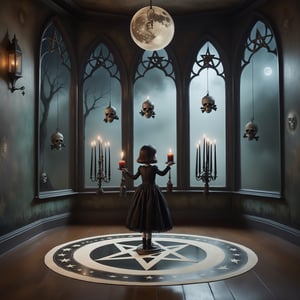 Cinematic shot, wide shot, a transparent ghost of a small girl floating above the floor in the style Nicoletta Ceccoli, Mark Ryden and Esao Andrews. minimalist style. in a detailed elaborate gothic bedroom with patterned gothic wallpaper, creepy paintings on the walls, dolls, colorful magical potion bottles, glowing magical circle with magical symbols on floor, ancient leather spellbooks, candelabra, skulls, witch brooms, healing crystals. creepy cat. pentacle, night time. dark outside. full moon can be seen through the large window. (((perfect female hands))) (((perfect fingers))) (((manicured painted long fingernails)))