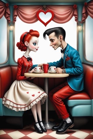 Cinematic scene - full body shot. in the style of Nicoletta Ceccoli, Mark Ryden and Esao Andrews. a detailed picture of a happy playful Rockabilly teen boy and teen girl sitting at a booth looking at each other in love in a 1950's diner in elaborate high fashion Rockabilly clothes in the style Nicoletta Ceccoli, Mark Ryden and Esao Andrews. 