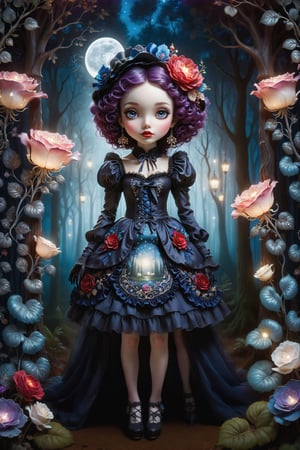 Cinematic full body shot of a beautiful young sweet gothic lolita woman in the artistic style of Nicoletta Ceccoli, Mark Ryden and Esao Andrews. minimalist style. sweet smile. bright blue eyes. long curly purple hair with bangs. she is standing in a magical forest with beautiful trees, illuminated flowers, ferns, glowing landscape lights. it is night time, full moon. dark sky outside of her window. she wears an elaborate gothic lolita dress in red, navy blue, white colors. gloves on her hands. elaborate large earrings, feeling of exquisite beauty, whimsical dreams and magic. extremely detailed, (((perfect female anatomy))). extremely detailed, in the style of esao andrews, full body shot. head to toe shot. 
