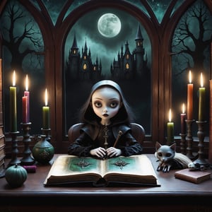Cinematic shot, wide shot, a gothic small girl sitting at a desk with a large leather old spellbook, in the style Nicoletta Ceccoli, Mark Ryden and Esao Andrews. minimalist style. a detailed elaborate gothic bedroom with william morris gothic scary wallpaper, velvet curtains, cluttered with creepy cat, monster ghost paintings, dolls, colorful potion bottles, magic circle on floor, ancient leather spellbooks, candelabra, skulls, witch brooms, healing crystals. creepy cat. night time. dark outside. full moon visible through large window. (((perfect female hands))) (((perfect fingers))) (((manicured painted long fingernails))),DonMD34thM4g1cXL