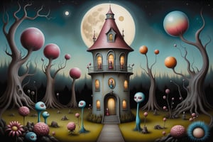Cinematic scene - detailed, intricate strange observatory garden with alien, weird, otherworldly never before seen colorful plants in the style of Nicoletta Ceccoli, Mark Ryden and Esao Andrews. night time full moon, glowing luminescent plants, flowers, trees, Nicoletta Ceccoli, Mark Ryden and Esao Andrews. 
