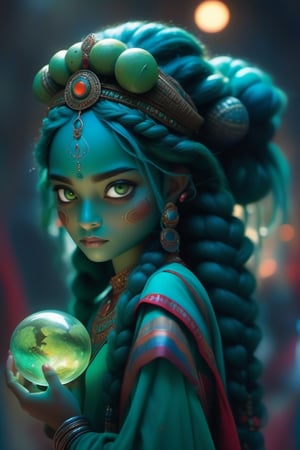 (masterpiece, best quality, ultra-detailed, best shadow), (detailed background,dark fantasy), (beautiful detailed face), high contrast, (best illumination, an extremely delicate and beautiful), ((cinematic light)), colorful, hyper detail, dramatic light, intricate details, Cute big headed large green eyed indian girl with teal green hair in elaborate braids and buns and adornments. she wears a crown. She’s on an alien planet. in her hand she holds a glowing glass circle with a small alien world visible inside. The world is floating in the glass circle. She is obviously an alien with tight fitting outfit, decorated heavily with vibrant royal blues, whites, silvers and reds