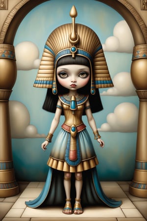 Cinematic scene - full body shot. in the style of Nicoletta Ceccoli, Mark Ryden and Esao Andrews. a detailed picture of an ancient egyptian girl in an elaborate cleopatra outfit in the style Nicoletta Ceccoli, Mark Ryden and Esao Andrews. 