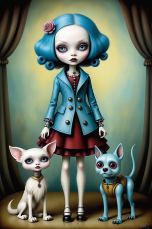 Cinematic scene - full body shot. in the style of Nicoletta Ceccoli, Mark Ryden and Esao Andrews. a detailed picture of frankie stein from monster high with her pet robot-dog watzit in the style Nicoletta Ceccoli, Mark Ryden and Esao Andrews. 