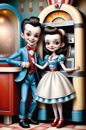 Cinematic scene - full body shot. in the style of Nicoletta Ceccoli, Mark Ryden and Esao Andrews. a detailed picture of a happy playful Rockabilly teen boy and teen girl dancing next to a fancy jukebox  smiling in a 1950's diner in elaborate high fashion Rockabilly clothes in the style Nicoletta Ceccoli, Mark Ryden and Esao Andrews. 