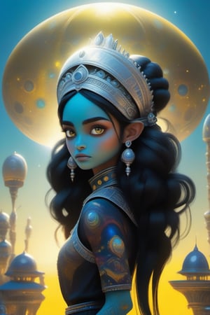 (masterpiece, best quality, ultra-detailed, best shadow), (detailed background,dark fantasy), (beautiful detailed face), high contrast, (best illumination, an extremely delicate and beautiful), ((cinematic light)), colorful, hyper detail, dramatic light, intricate details, Cute big headed large eyed indian girl with jet black hair she wears a crown. She’s on an alien planet with a small creature resting on her shoulder in her hand she holds a small world. The world is floating between both hands. She is obviously an alien with tight fitting outfit, decorated heavily with silver And yellow pattern
