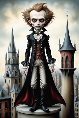 Cinematic scene - full body shot. in the style of Nicoletta Ceccoli, Mark Ryden and Esao Andrews. a detailed picture of lestat the vampire in an elaborate high fashion outfit standing on the roof of a high rise building in a gothic city in the style of Nicoletta Ceccoli, Mark Ryden and Esao Andrews. 